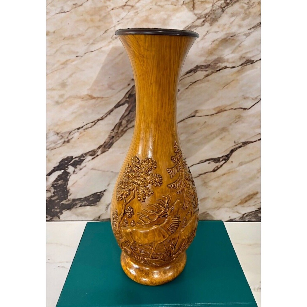 Vtg Wood Look West Germany Elk Stag Deer Bud Vase Forest Scene In Relief Nature